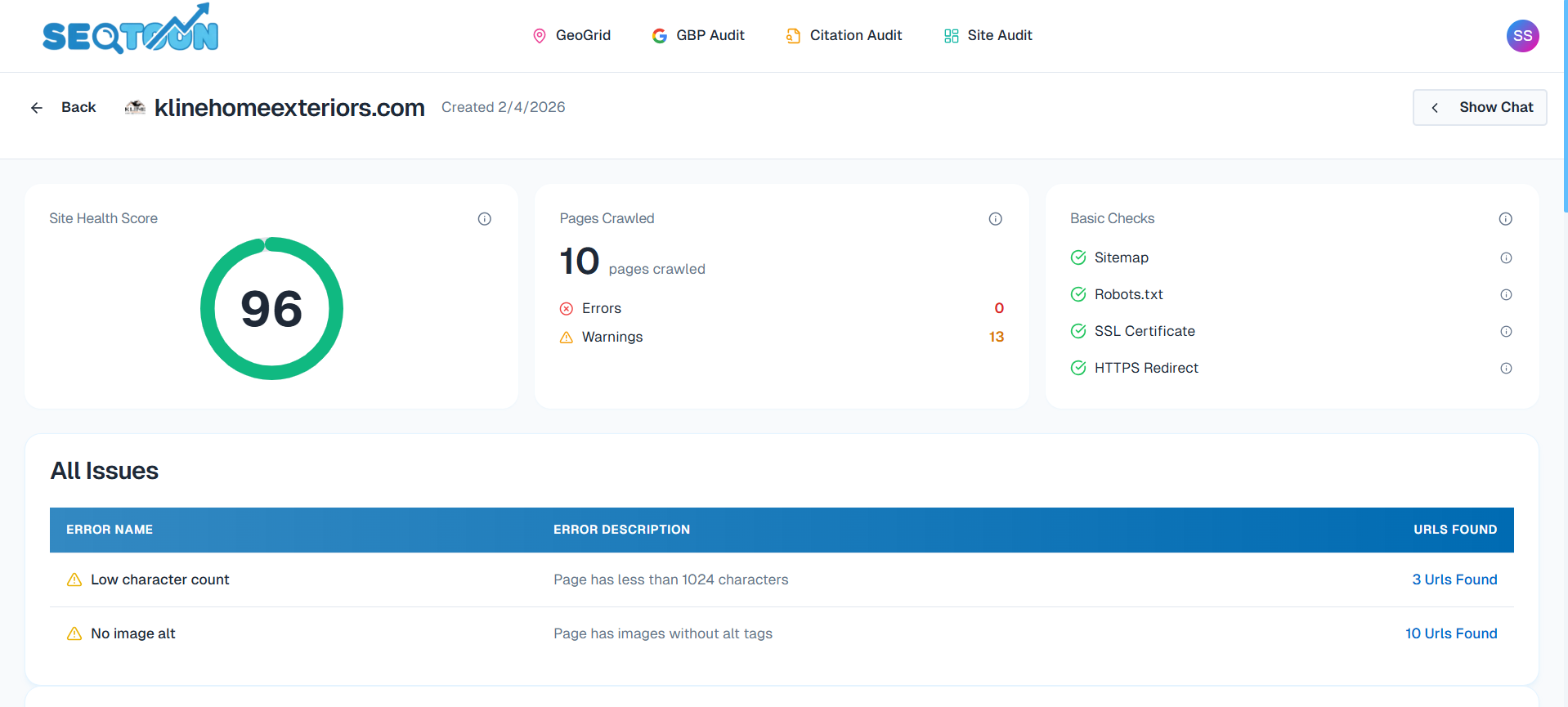Site Audit Interface